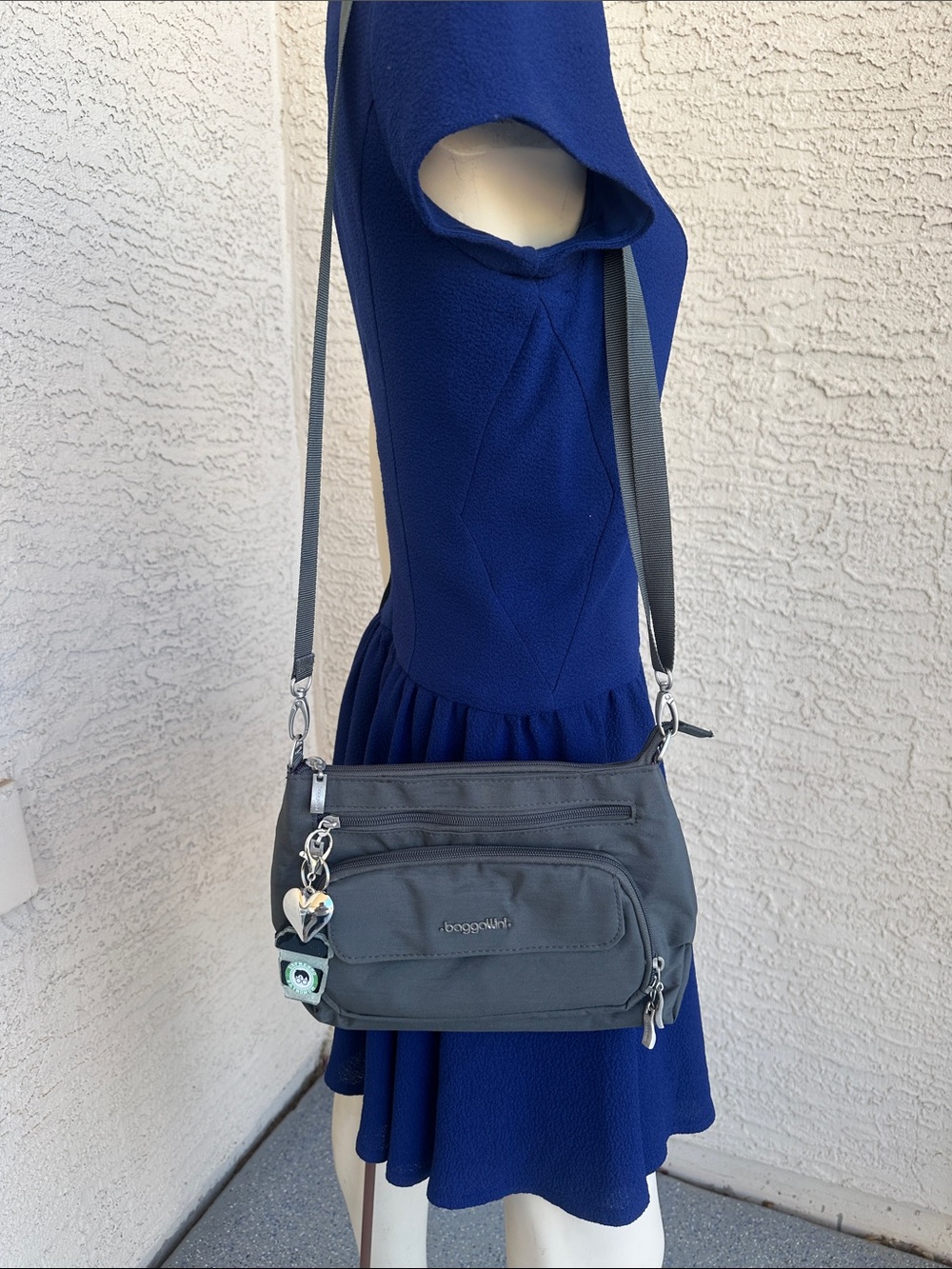 Baggallini Gray Crossbody Bag with Heart Charm